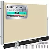 KESSER® Alu-Seitenmarkise Ausziehbar & Blickdicht 300 x 200 cm | Garten-Sichtschutz & Windschutz mit Aufrollautomatik für Balkon & Terrasse | Seitenrollo inkl. Regencover mit Wandhalterung Beige