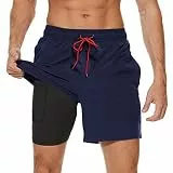 Arcweg Badehose für Herren mit Kompression Liner 2 in 1 Atmungsaktiv Badeshorts Männer Elastisch Trainingsshorts Verstellbar Tunnelzug mit Reißverschlusstaschen Marine L (EU)