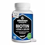 Biotin hochdosiert 10.000 mcg + Selen + Zink für Haarwuchs, Haut & Nägel, 480 vegane Tabletten für 480 Tage, Nahrungsergänzung ohne Zusatzstoffe, Made in Germany