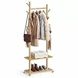 VASAGLE Garderobenständer, Kleiderständer, 7 Haken, 2 Ablagen, 4 drehbare und abnehmbare Rollen, Haken und Stange aus Massivholz, Flur, Schlafzimmer, Wohnzimmer, naturfarben RCR053YK01