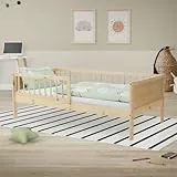 ML-Design Kinderbett 80x160 cm, Natur, Einzelbett für Kinder mit Lattenrost & Rausfallschutz, Jugendbett aus Kiefernholz, Holzbett, Bettgestell für Jungen & Mädchen, Massivholz Babybett Kleinkindbett