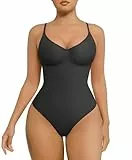 FeelinGirl Shapewear Damen Body Bauchweg Nahtlos Bodysuit V-Ausschnitt Formende Sringbody Überbrust Seamless Bodyshape mit Verstellbarer Riemen Schwarz XS/S