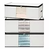 Cozary 3 Stück 60L Unterbett Aufbewahrungsbox, Faltbare Aufbewahrungstasche mit Deckel und Klaren Fenster, Unterbettkommode Kleidung Unterbett Aufbewahrung mit Griff für Decken, Bettwäsche, Kleidung