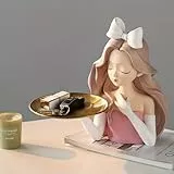 Cutfouwe Skulptur Deko - Harz Mädchen Statue Mit Herausnehmbarem Metalltablett Für Vielseitige Und Praktische Schlüsseldekoration,Rosa,B