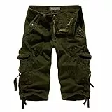 UHouse Cargo Shorts 3/4 Herren Kurze Hosen Lang Baumwolle Sommer Cargohose Kurz Arbeitshose Männer Laufshorts mit Seitentaschen Baggy Freizeitshorts Große Größen Armee Grün XL
