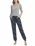 Sykooria Schlafanzug Damen Lang aus Baumwolle Langarm V-Ausschnitt Kontrastkante Design Zweiteilige Pyjama Damen Set Oberteile & Pyjamahosen, A-DBG, L