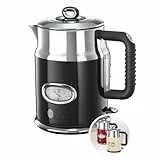 Russell Hobbs Wasserkocher [1,7l, 2400W] Retro Schwarz & polierter Edelstahl (Schnellkochfunktion, Wassertemperaturanzeige im Retrodesign, außenliegende Wasserstandsanzeige) Teekocher 21671-70
