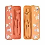 Besteck Set 2 Personen mit Süßes Kaninchenmuster, Campingbesteck & Reisebesteck - Robust, Tragbar und Wiederverwendbar, Reisebesteck mit Etui für Camping Geburtstagsfeier Schule Arbeiten (Orange+Gelb)