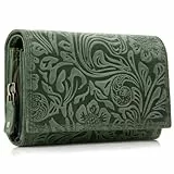 ekavale Damen Leder-Geldbörse mit Blumenmotiv und RFID-Blockierung, Portemonnaie Langformat mit Druckknopfverschluss (Grün)