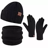 Bequemer Laden Herren Winter Warm Mütze Loop Schal und Touchscreen Handschuhe Set mit Fleece Gefütterte Thermo Wintermütze Strickmütze Schlauchschal Winterhandschuhe Geschenk für Männer, A Schwarz