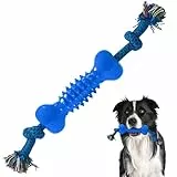 DDOXX Reifenbeißer-Knochen Gummikau-Spielzeug für Hunde – Robust, Bissfestes Hundespielzeug mit Seil – Ideal für Kauen, Zahnreinigung, und Interaktives Lange Spielzeiten - 40x6,5x4 cm, Blau