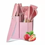 Justup Messerset mit Messerblock, Rosa Küchenmessersets mit block, 19 Teiligs Küchenutensilien mit 6 Messersets und 11 Silikon Pfannenwender, Antihaft Küchenhelfer Set mit Halter (Rosa)
