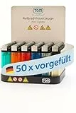TOM 50/100 Stück Einwegfeuerzeuge mit Gas befüllt – Reibradfeuerzeuge Set in 5 Farben in praktischem Display – Gasfeuerzeug – Einwegfeuerzeug – Feuerzeug (50 Stück)