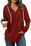Cuptacc Hoodie Damen Pullover Herbst V Ausschnitt Kapuzenpullover Damen Mit Kordelzug Oberteile Oversized Pulli Wein Rot 2XL 50-52