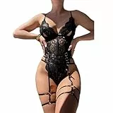 Bcenoilua Damen Dessous Set Sexy Unterwäsche Body Spitzenunterwäsche Teddy Bodysuit V Ausschnitt Dessous Einteiliges für Nachtwäsche Romantische Date Kleidung