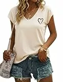 Gyabnw Damen Herz Tshirt mit V Ausschnitt Bluse Herzen Basic Tops Kurzarm Blusenshirt Elegant Sommer Oberteil Beige