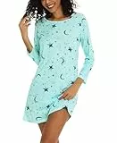 ENJOYNIGHT Nachthemd Damen Langarm Baumwolle Schlafshirt Print Sleepshirt Frauen Nachtwäsche Nachtkleid(Large,Stern)