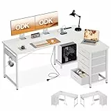 ODK Eckschreibtisch mit 4 Schubladen, 135×100 cm Schreibtisch L Form mit Steckdose und USB-Ladeanschluss, Reversibler Schreibtisch mit Stauraum für Homeoffice, Bianco