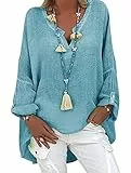 Tincini Leinenbluse Damen Bluse Sommer Tunika V-Ausschnitt Longbluse Große Größen Leinenhemd Blusenshirt Langarmshirt Leinen Baumwolle Hemd Oberteile Shirt (A Blau, M)