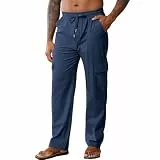 HOTIAN Herren Leinenhose Lang Sommer Loose Fit Hose Baumwolle Cargo Freizeithose Elastischer Bund Sommerhose Strandhose mit Kordelzug
