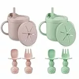 PandaEar 2 Stück Silikon Trinkbecher mit Strohhalm und Snack Becher Deckel, 4 Babylöffel und Gabel, Auslaufsicher Baby Trinklernbecher ab 6 Monate, Kinderbecher Schnabeltasse (Weiß Blau)