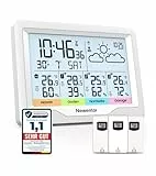 Newentor Wetterstation Funk mit 3 Außensensor Innen und Außen Thermometer Hygrometer DCF-Funkuhr Multifunktionale Funkwetterstation mit Wettervorhersage, Weiß