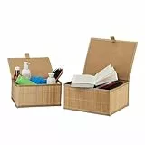 Relaxdays Aufbewahrungskorb, 2er Set, 2 Größen, mit Deckel, Bad, Kinderzimmer, Bambus & Stoff, Aufbewahrungsbox, Natur
