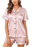 Lovasy Satin Schlafanzug Damen Kurz Kurzarm Pyjamas Set mit Knöpfen Seiden Nachtwäsche V-Ausschnitt Zweiteiliger Pjs Sets Hausanzug,Hellrosa,S