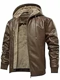 Uusollecy Winterjacke Herren Lederjacke Warm Gefüttert Kunstlederjacke Mit Kapuze, Winddicht Outdoor Motorradjacke Mit Reißverschluss, Braun L