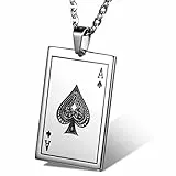 Flongo Joker Kette Herren Karten: Halskette mit Karte Dogtag Anhänger Edelstahl Silber Spielkarte Gravur Poker Pik Ass A Punk Rock für Männer