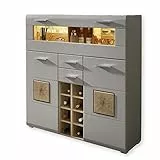 Stella Trading FUN PLUS 2 Barschrank in Basalt mit Hirnholz-Applikationen - Modernes Highboard mit LED-Beleuchtung - 120 x 129 x 37 cm (B/H/T)