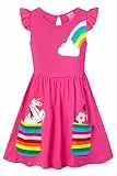 SFreeBo Einhorn Kleid Mädchen Sommerkleid Kinder Rüschenärmel Bunt Taschen Gesticktes Regenbogen Kleid Mädchen 128