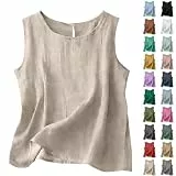 Generisch Leinen Tank Top Damen Sommer Rundhals Baumwolle Leinen Tanktop Elegant Ärmellose Leinentop Große Größen Einfarbig T-Shirts Kurze Trägertop Locker Lässig Musselin Sommertop(Beige,S)