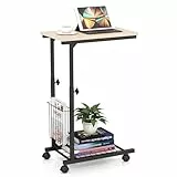 COSTWAY Beistelltisch mit Rollen, Laptoptisch höhenverstellbar, mit Aufbewahrungskorb, Sofatisch C-Form, Betttisch Industrial, Metallrahmen, 50 x 30 x 80 cm (Natur)