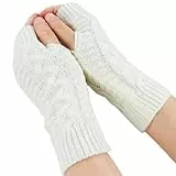 Andiker Fingerlose Winterhandschuhe für Damen, Gestrickte Armwärmer mit Daumenloch, Weiche Handgelenk Halbfingerhandschuhe (Weiß)