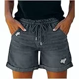 Jamicy Jeans Damen Shorts Sommer Stretch Jeansshorts High Waist Zerrissen Destroyed Jeanshose Kurz Casual Damen-Shorts Loose Fit Sommershorts Fashion Freizeitshorts Tunnelzug Kurze Hose Grau XL