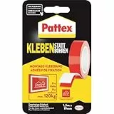 Pattex Kleben statt Bohren Klebeband, extra starkes doppelseitiges Klebeband, Doppelklebeband für Montagearbeiten innen & außen, Wandbefestigung ohne Bohren, 19mm x 1,5m