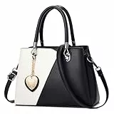 FOLOVEYA Mode Damen Handtasche Elegant Henkeltaschen Frauen mit Herzanhänger PU Leder Umhängetasche Shopper Top-Griff Taschen Schultertasche für Arbeiten Reisen Schule Tote Bag Schwarz-Weiss