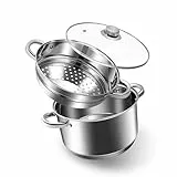 AuFranc® Dampfgarer aus Edelstahl 18/10 mit Glasdeckel, Induktion Dampftopf 20 Zentimeter, 3 Liter Dampfgarer Topf Stapelbar Kompatibel mit Allen Herdarten, Ungiftig zu Oven & Dishwasher Safe (Silber)