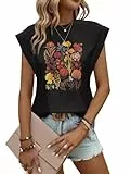 Tanmolo Damen Basic T-Shirt Tank Tops Casual Sommer Tops Kappenärmel Sommer Bluse Lässig Lockere Passform Blusen Blumenmuster, M