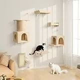 BYBYME Kratzbaum FüR Hauskatzen, 6PCS Hohe Katzen-Wandregale Mit KratzbäUmen, Betten, Brettern Und Spielzeug, Mehrstufiges KlettermöBel FüR KäTzchen, Stabile Basis FüR GroßE Katzen (Beige)