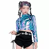 LOLANTA Metallic Cropped Top für Mädchen, halber Rollkragen, funkelndes Tanzshirt für Hip-Hop, Disco, Bühne & Party, Blau Lila, 8-9 Jahre, 140