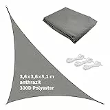 TTL GARDEN 3,6x3,6x5,1m Sonnensegel Dreieck rechtwinklig anthrazit - Premium Polyester 300D 160g/m² 93% Abschattung - Sonnenschutz & Wetterschutz für Garten, Balkon & Terrasse, mit 3X Schnur 1,5m