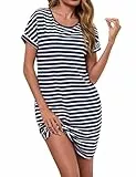 Litherday Nachthemd Damen Kurz Nachtwäsche Streifen Nachtkleid aus 95% Baumwolle Loungewear Negligee Kurze Ärmel Sleepshirt mit 2 Tasche, Dunkelblau+weiß, XXL
