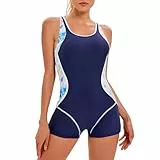Odizli Badeanzug Damen mit Bein Sport Sexy Push Up Bauchweg Schwimmanzug mit Cups Badeanzüge Große Größe Frauen Sommer Rashguard Bademode Einteiler Strandmode Sun Permeable Swimsuit Dunkelblau XXL