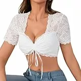 Ahigh Dirndl Bluse Damen Weiße Dirndlbluse Elegant mit V-Ausschnitt, Trachtenbluse für Dirndl, Dirndlblusen Spitze und Kariertes Design, Damen Bluse für Oktoberfest (S)