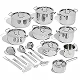 Lagostina Sfiziosa Topfset für alle Herdarten aus Edelstahl 18/10, 24 Teile, 3-Lagiger Lagoseal-Plus-Boden, Topfset mit 5 Kasserollen, 3 Töpfen, Milchtopf, 8 Deckel, 7 Küchenutensilien