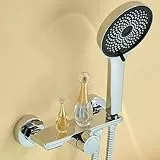 Auralum Badewannenarmatur mit Duschbrause, Duscharmatur Komplettset mit Ablage, Wasserfall Duscharmaturen, Edelstahl Schlauch und Wand Halterung, Messing Mischbatterie mit Handbrause für Bad, Chrom