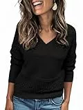 Saodimallsu Oversize Pullover Damen V-Ausschnitt Dünne Häkel Strickpullover Einfarbig Leicht Lochmuster Langarmshirt Lässig Elegant Basic Strick Tops Schwarz M