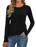 Crewhpo Damen Oberteile Thermo Basic Shirt Warm mit Rundhals Leicht Thermooberteile Langarm Thermo Unterhemd Stretch T-Shirt Einfarbig Lockerer für Herbst Winter Schwarz